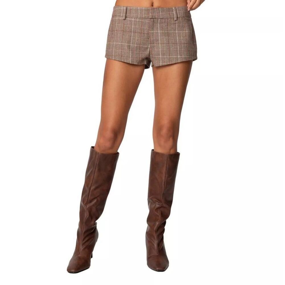 Edikted Women's Phoeby Houndstooth Plaid Shorts Brown Size Small NWT